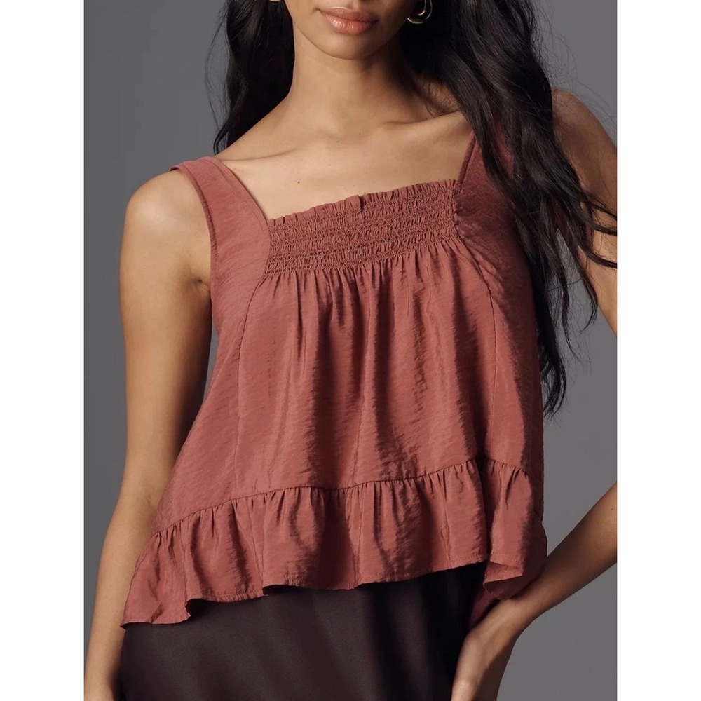 Maeve Peplum Tank Top Womens Large Burgundy Boho Smocked Cottage Flowy Date